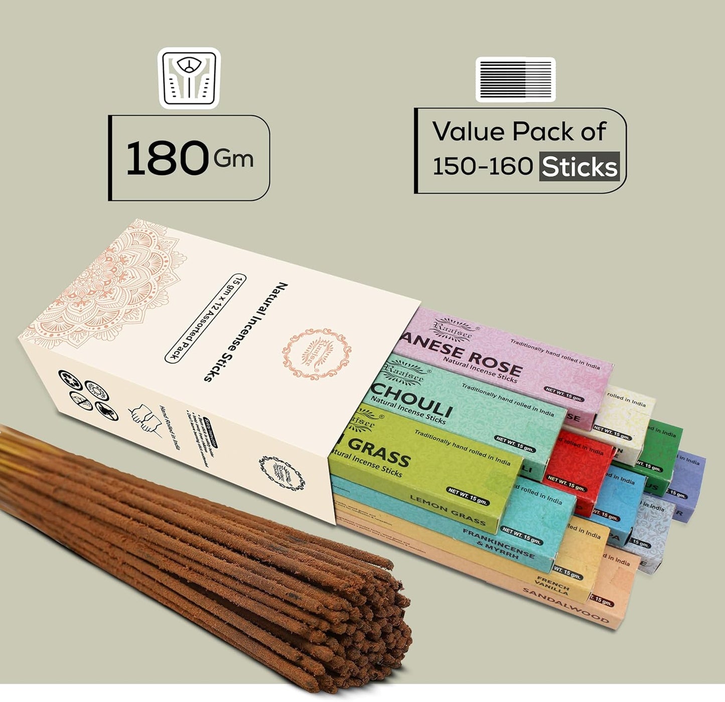 raajsee Incense Sticks Assorted Pack (180 gm), 100% Pure Organic Natural Hand Rolled Free from Chemicals - Perfect for Aromatherapy, Cleansing, Meditation, and Church (12 Pack)