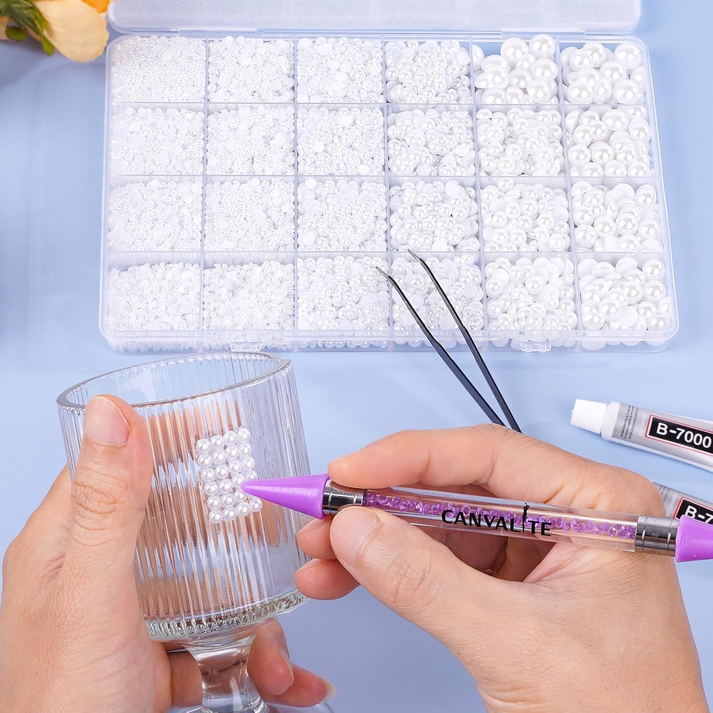 Canvalite 11000Pcs Flatback Pearls for Crafting, Multiple Sizes Half Nail Pearls with 5Pcs B7000 Jewelry Glues & Picker Tools Bedazzling Bead for DIY Crafts Clothing Tumblers Shoes Decors Nail Art