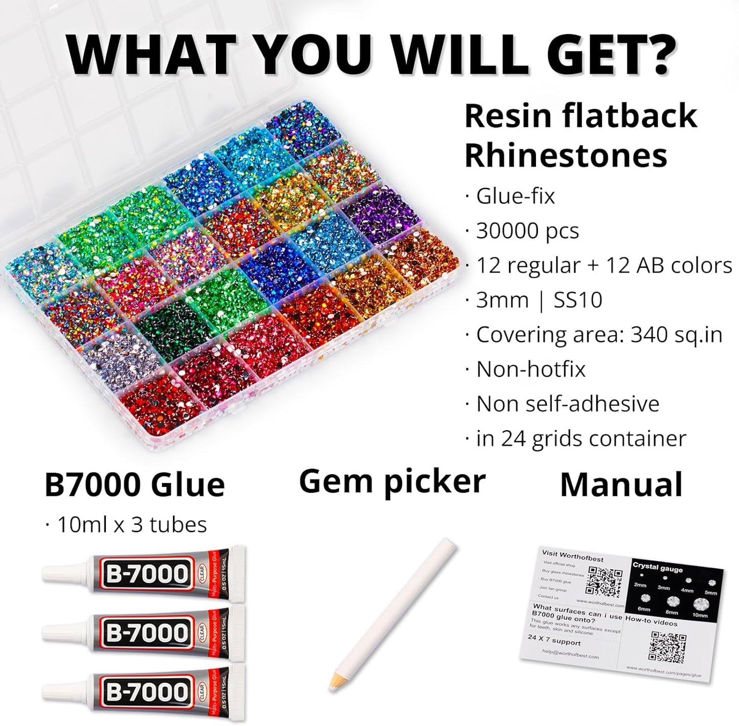 30000Pcs Resin Rainbow Colorful Rhinestones for Crafting Bedazzling, Assorted Color 3mm Flatback Bulk Gems for Crafts Clothing Shoes Fabric Nails, Flat Back Small ab Crystal with 3Pcs 10ml b7000 Glue