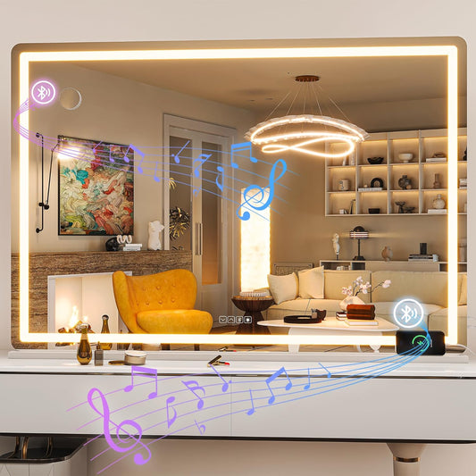 Hasipu Vanity Mirror with Lights and Bluetooth Speaker, 55.1" x 35.8" LED Makeup Mirror, Lighted Makeup Mirror with Dimmable 3 Modes, Touch Screen Control Vanity Mirror Round White