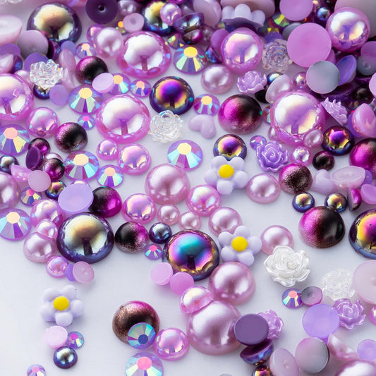 160g Purple Flat Back Pearls Rhinestones for Crafts Mixed Size 3mm-10mm AB Color Round Half Pearls Flatback Pearl Beads and Resin Rhinestones Set for Face Art