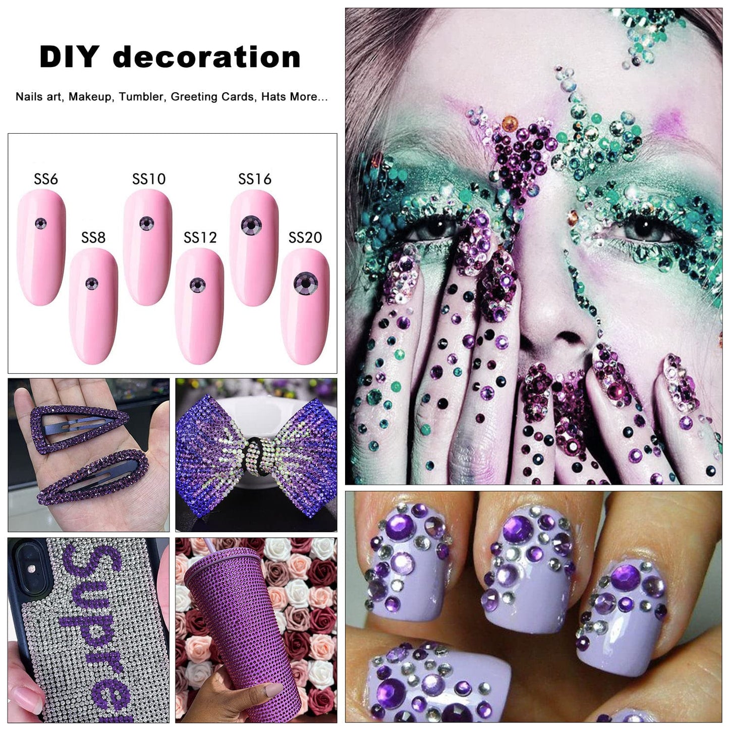 4240Pcs Flatback Purple Rhinestones Glass Crystal Gemstones for Nail Art Face Makeup Bling Round with Tweezers and Picking Pen (SS6~SS20 Set)