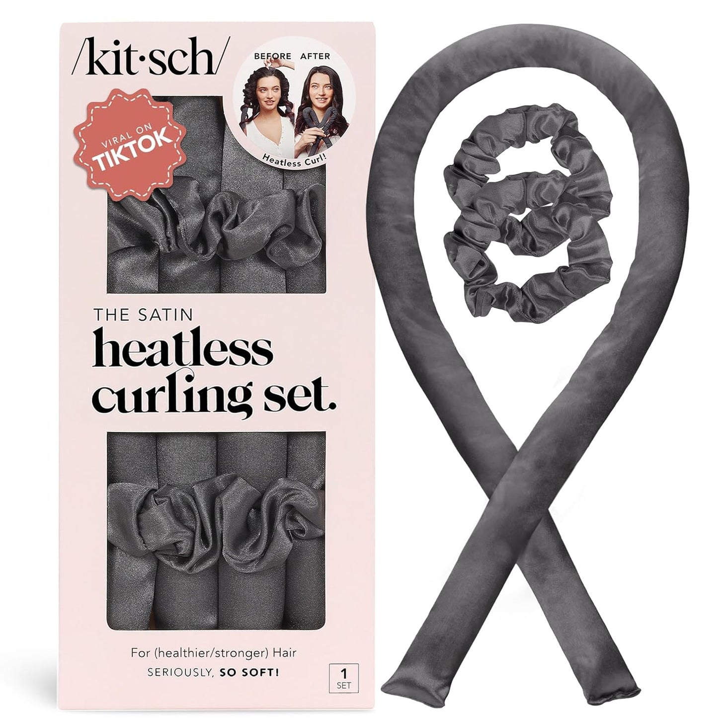 Kitsch Satin Heatless Curling Set – Heatless Hair Curler for Women, Hair Curler to Sleep In - with 2 Satin Scrunchies for Overnight Curls – No Heat Damage Styling with Heatless Curler - Charcoal
