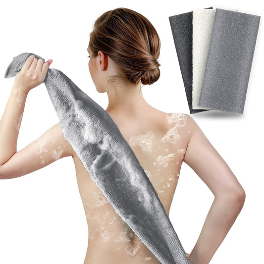 ARCH&M Exfoliating Washcloth (3 Pack), Japanese Body Scrubber for Shower, Long Nylon Towel for Back, Korean Exfoliation for Glowing Skin (Gray Black Off-White)