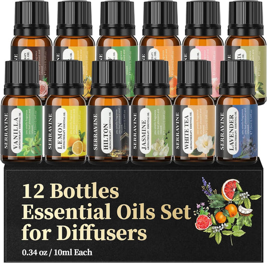 Perfect for Diffusers – 12 Natural Essential Oils Set with Gift Box & Bag | Lavender, Vanilla, Rose, Peppermint & More | Ideal for Aromatherapy, Relaxation & Home Use