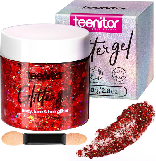 Teenitor Body Glitter, Red Body Glitter Gel, Hair Glitter, Face Glitter, 80g/2.8oz Red Glitter Gel for Face, Makeup, Hair, Eye