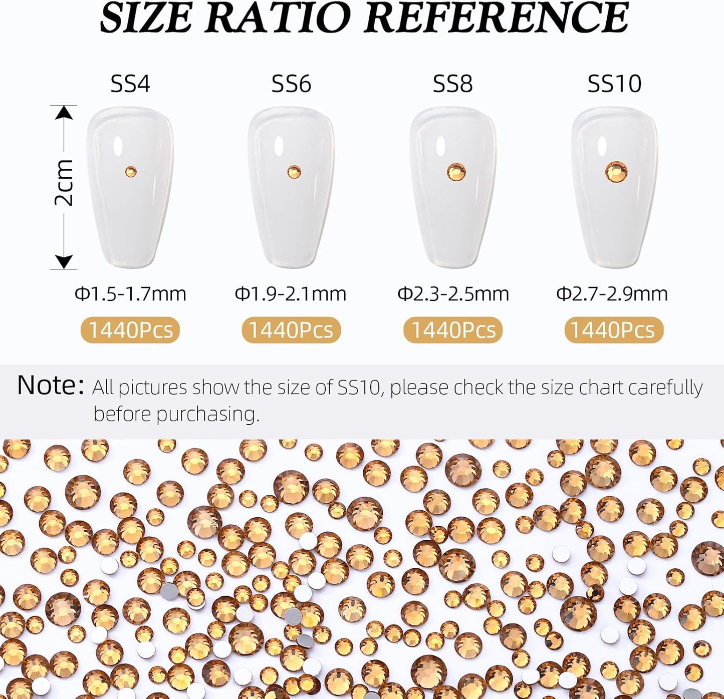 Topaz Flatback Rhinestones, Glass Rhinestones for Nail Art and Craft, Glue Fix, Loose Crystal Gemstones(Topaz, SS10, 1440pcs, 2.7-2.8mm)