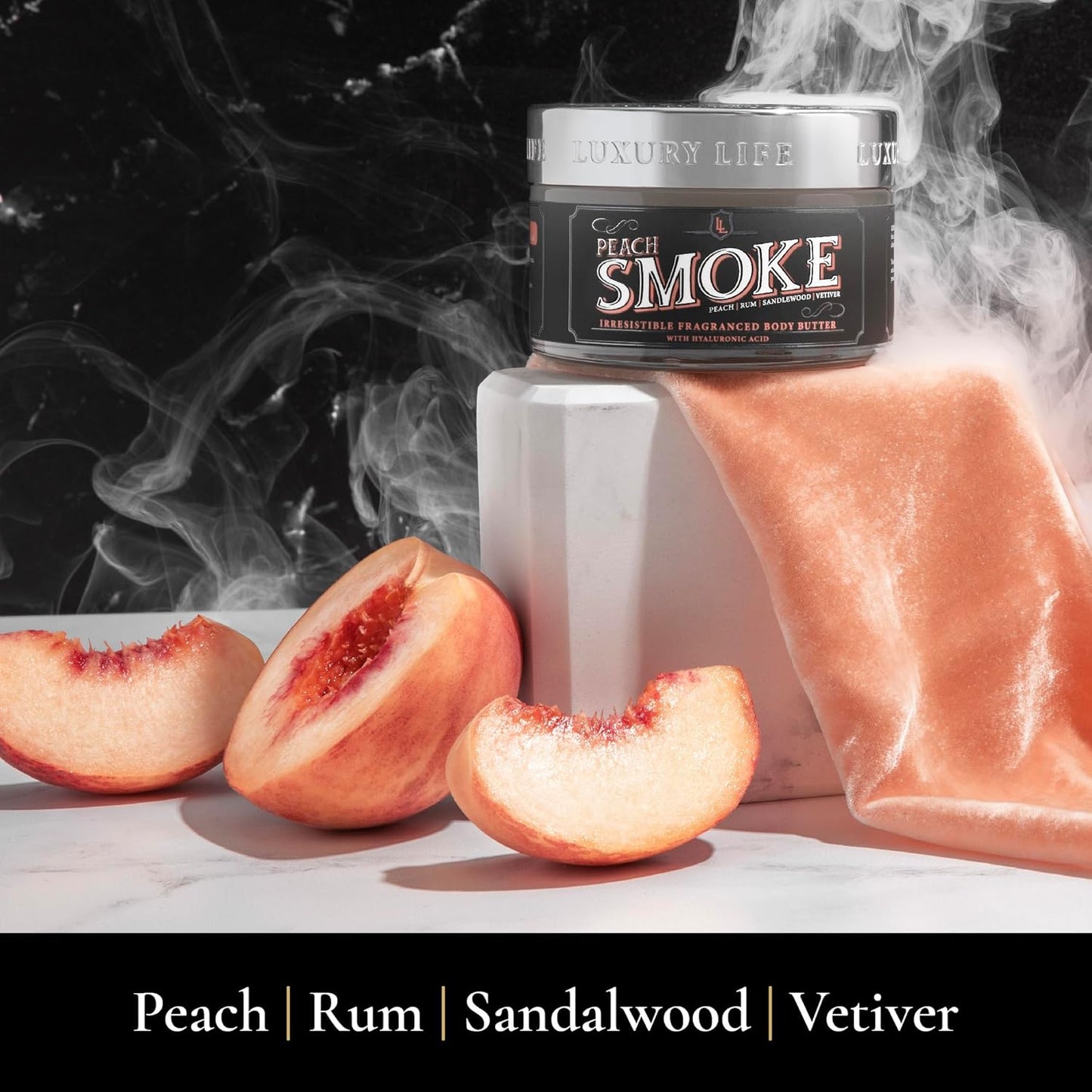 LUXURY LIFE BUTTER - Irresistibly Scented Body Butter with Hyaluronic Acid for Ultimate Moisture. Luxurious Natural Fragrance. Hydrates for a Non-Greasy Glamorous Glow, Peach Smoke, 5 oz.