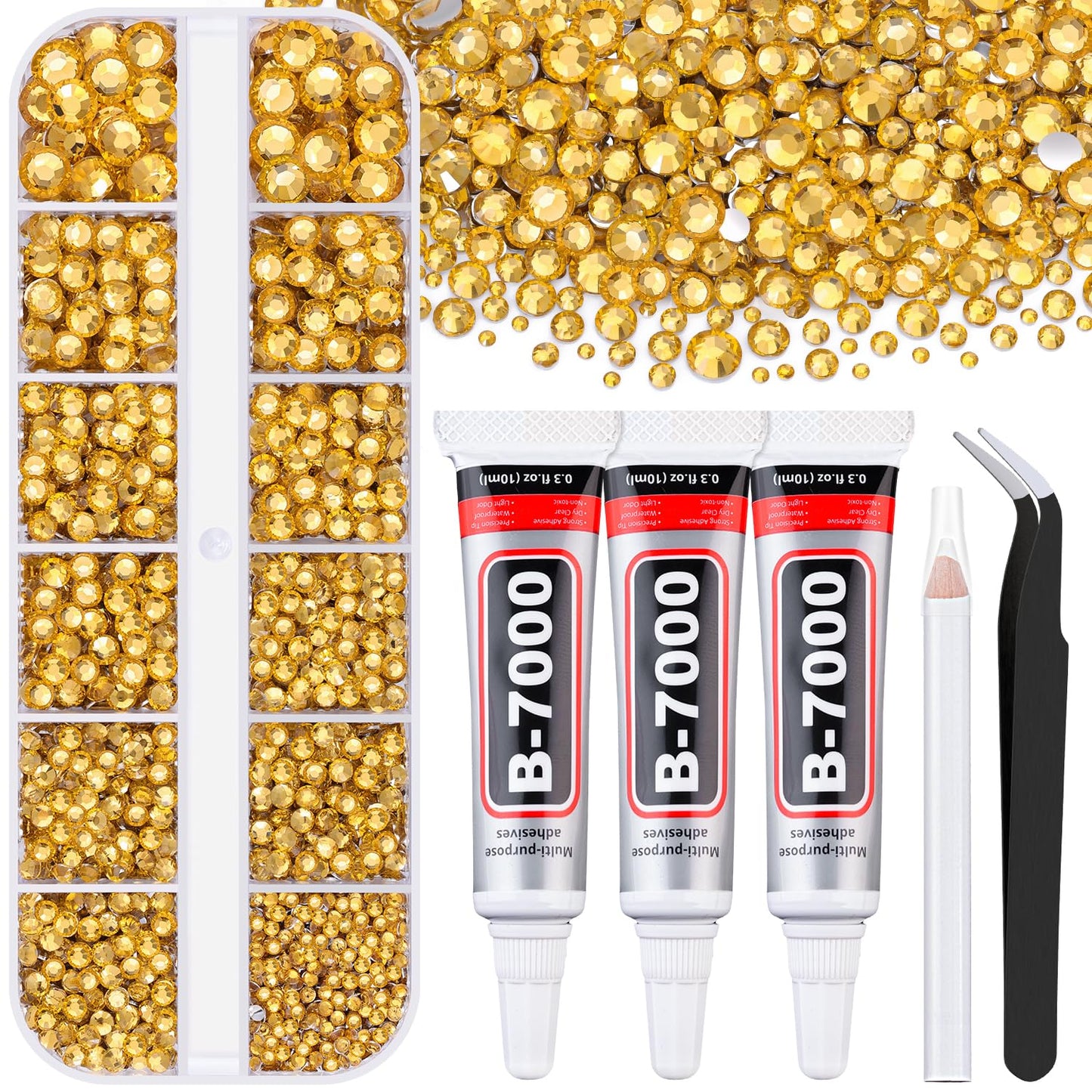 6000Pcs Resin Rhinestones for Bedazzling with 3Pcs B7000 Jewelry Glue, 1 Box Golden Flatback Rhinestones for Crafting Crafts DIY, Crystals Gems for Clothing Shoes Tumblers Nail Art Makeup