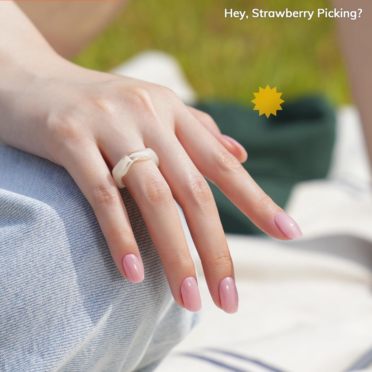 Semi Cured Gel Nail Strips | No LED Lamp Needed | Solid, Pink, Spring | Easy Apply & Remove, Salon Quality | Includes 28 Strips, 1 Prep Pads, Nail File & Wooden stick - Hey, Strawberry Picking?