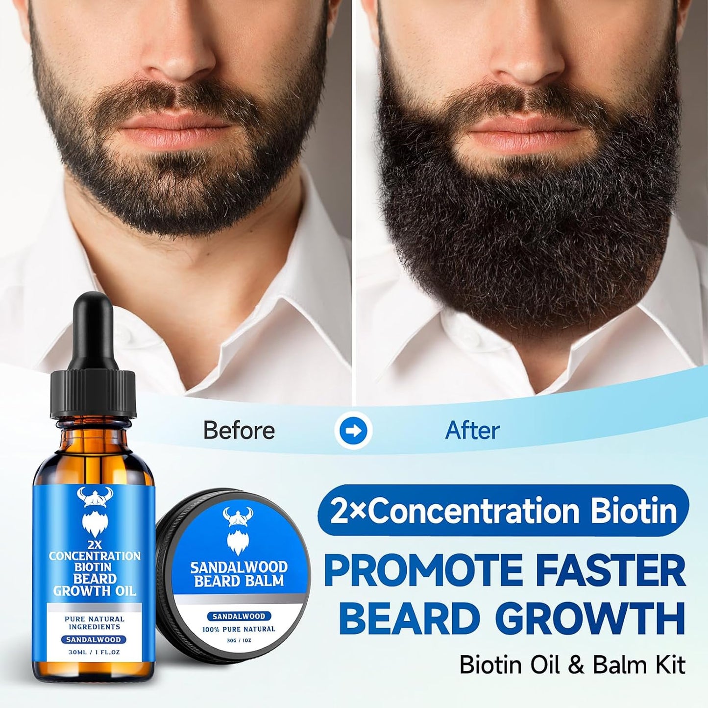 Beard Growth Oil & Beard Balm - Beard Growth Kit with 2X Concentration Biotin for Men, Natural Ingredients with Argan Oil, Jojoba Oil and Vitamin (Sandalwood)