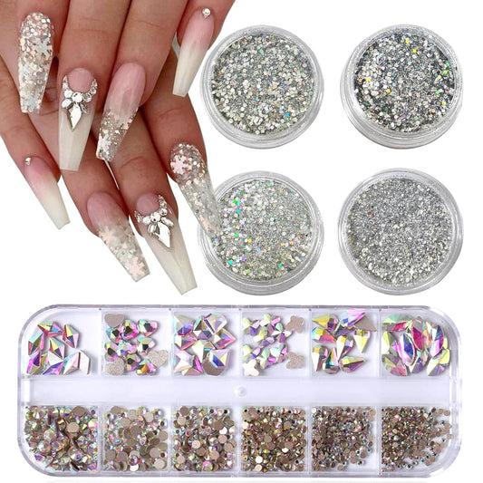 Nail Art Rhinestones Flatback Rhinestones Nail Charms Fine Glitter Nail Art Supplies Mixed AB Crystals Nail Gems 1mm Glitter Powder Luxury Design Nail Accessories for Women Nail Decorations.