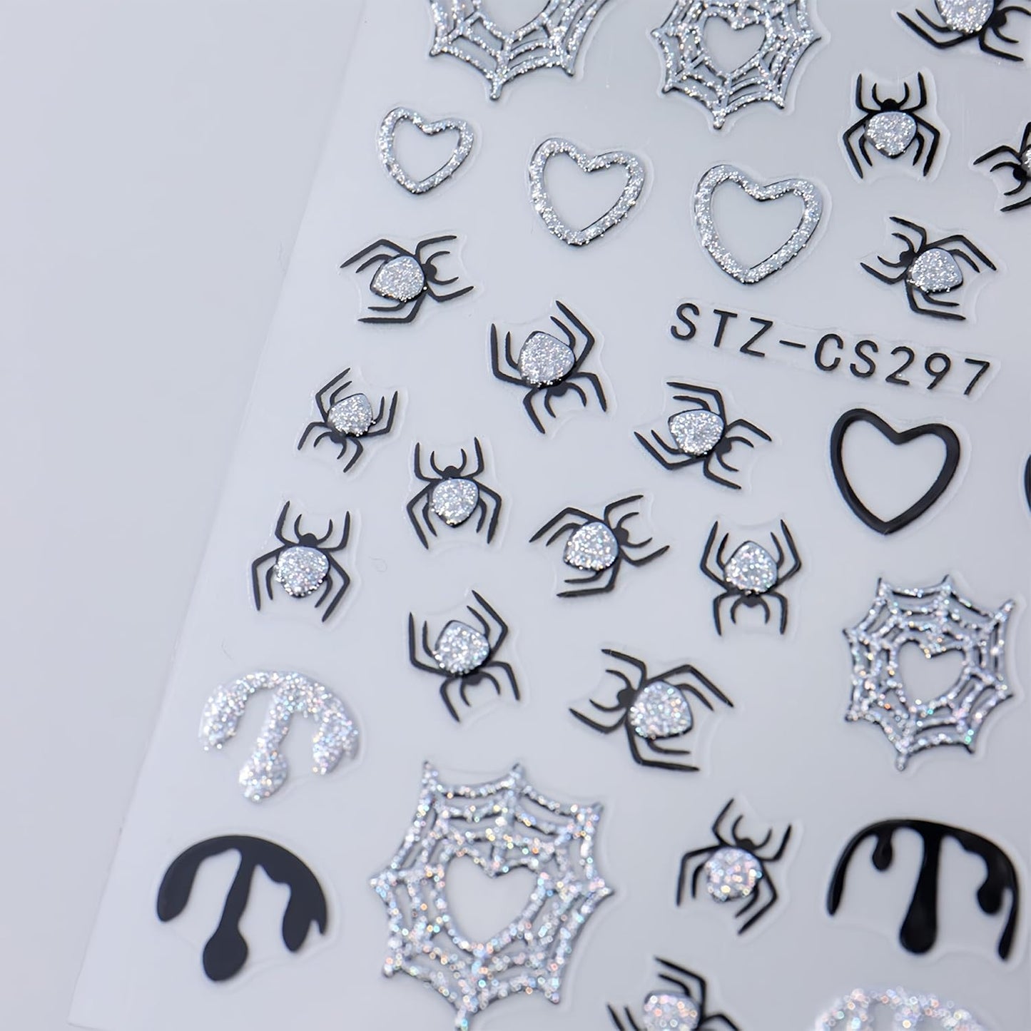 8 Sheets Halloween Nail Art Stickers Gold Silver Black Spider Web Nail Decals with Glitter Designs Nail Stickers 3D Self-Adhesive Spider Nail Supplies Horror Blood Drop Nail Decoration