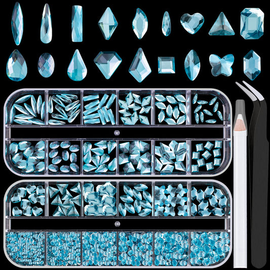 18 Styles Multi-Shaped Glass Gemstones for Nails and 6 Sizes Round Crystal Rhinestones Kit #8, Lake Blue Nail Art Charm Bead Manicure Decoration with Pickup Pencil and Tweezer