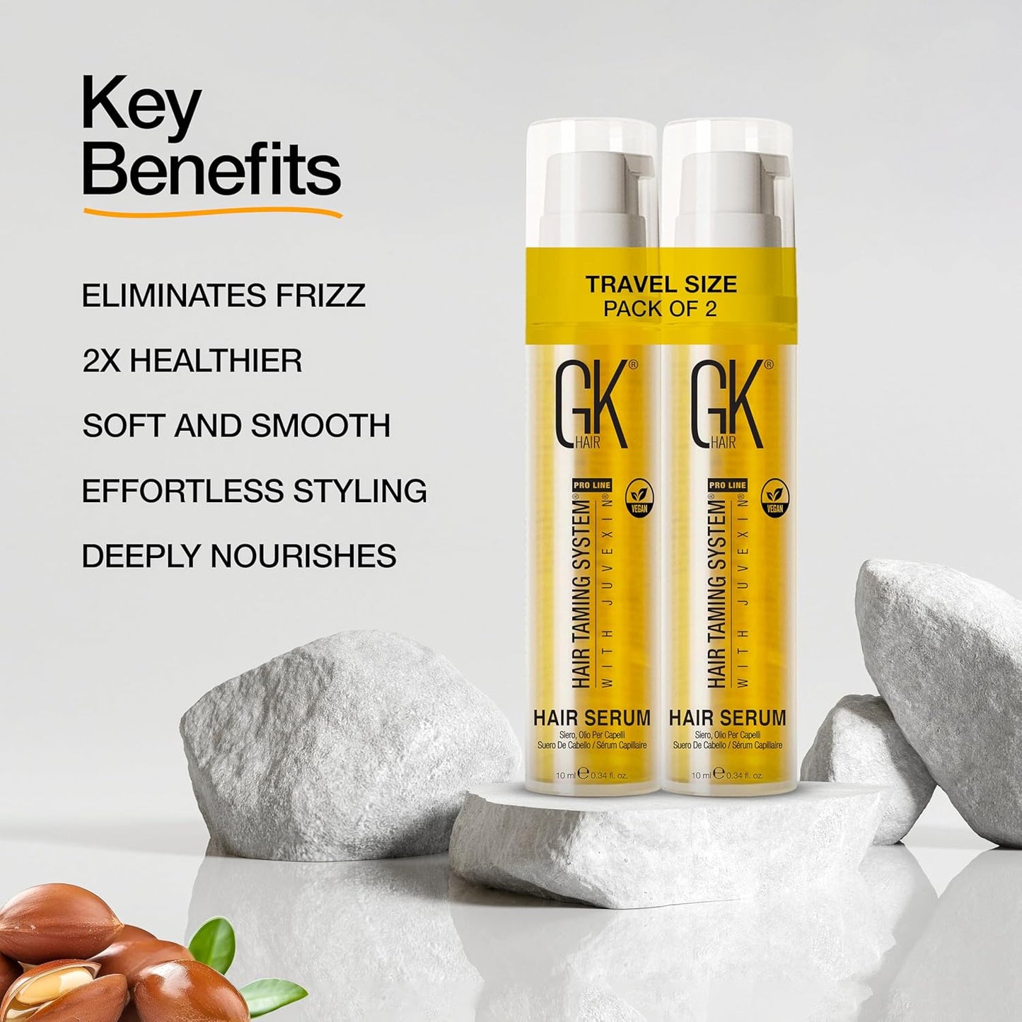 Global Keratin GKHAIR Smoothing Serum (Pack of 2/0.34 fl oz) - 100% Pure Organic Argan Oil | Hydrating Strength Shine Dry Damaged Repair Anti-Frizz Moistures Nourishment