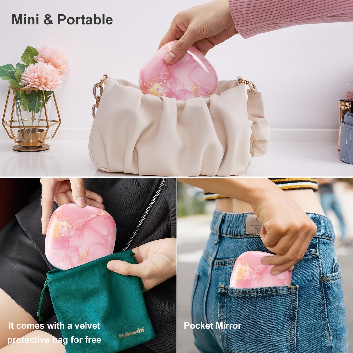 Mocado Compact LED Travel Makeup Mirror - 4 Inches 1X/10X Magnification Travel Mirror with Light Dimmable Double Sides Lighted USB Rechargeable Compact Mirror for Purse,Pocket,Travel(Pink Marble)