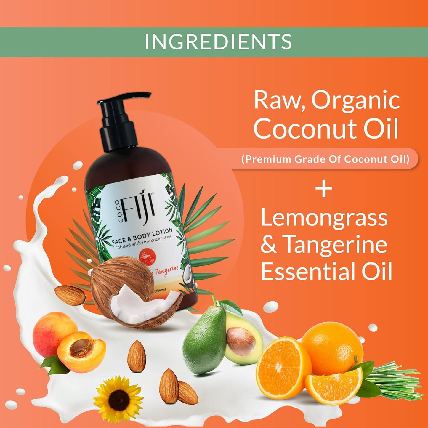 Coco Fiji Face & Body Lotion Infused With Coconut Oil | Lotion for Dry Skin | Moisturizer Face Cream & Massage Lotion for Women & Men | Lemongrass Tangerine 12 oz, Pack of 1
