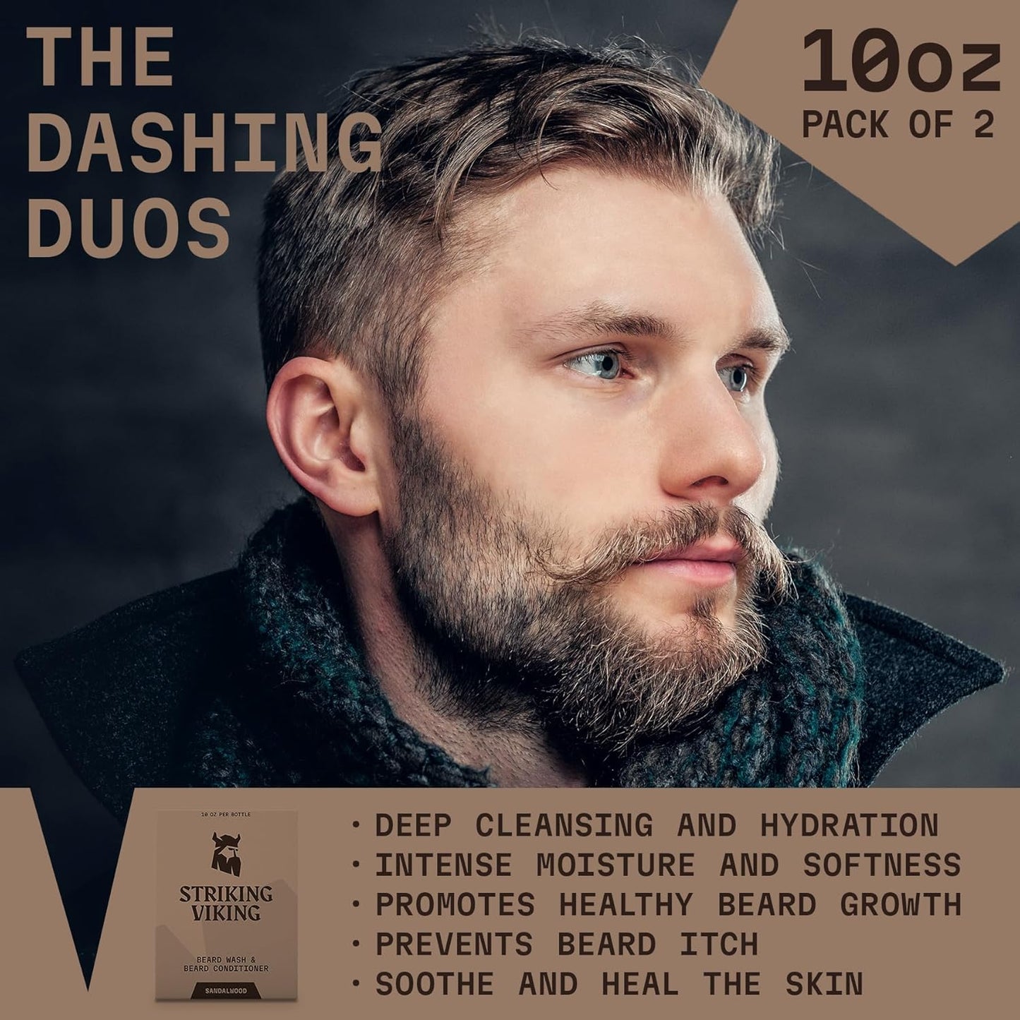 Striking Viking Beard Care Set (Sandalwood) - Paraben & Sulfate Free Shampoo with Jojoba Oil - Deep Clean for All Beard Types (10oz Per Bottle)