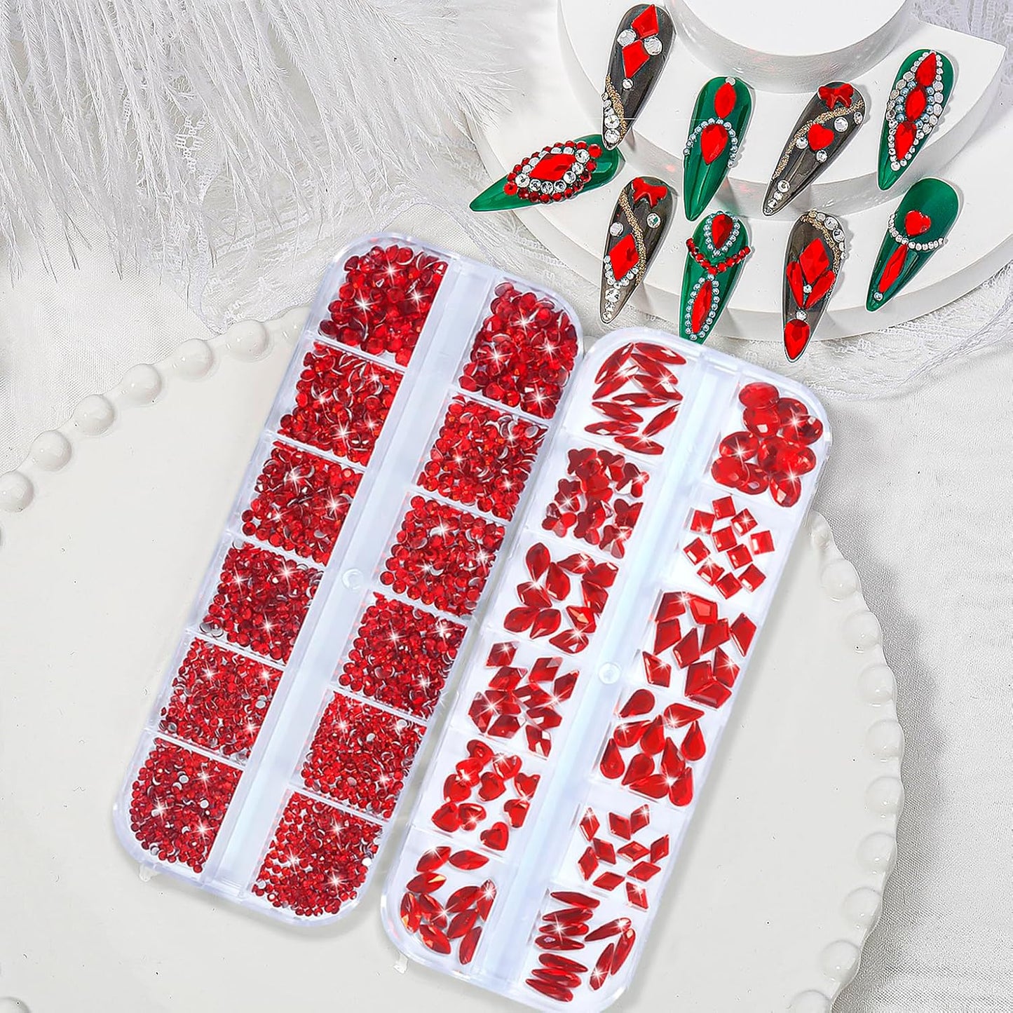 Nail Rhinestones - 3D Multi Shape Size, Flat Back, Crystals Manicure Rhinestones Charms, Red Nail Gems, with Kit, for Nail Art, Bedazzling Acrylic Nails, DIY Decor