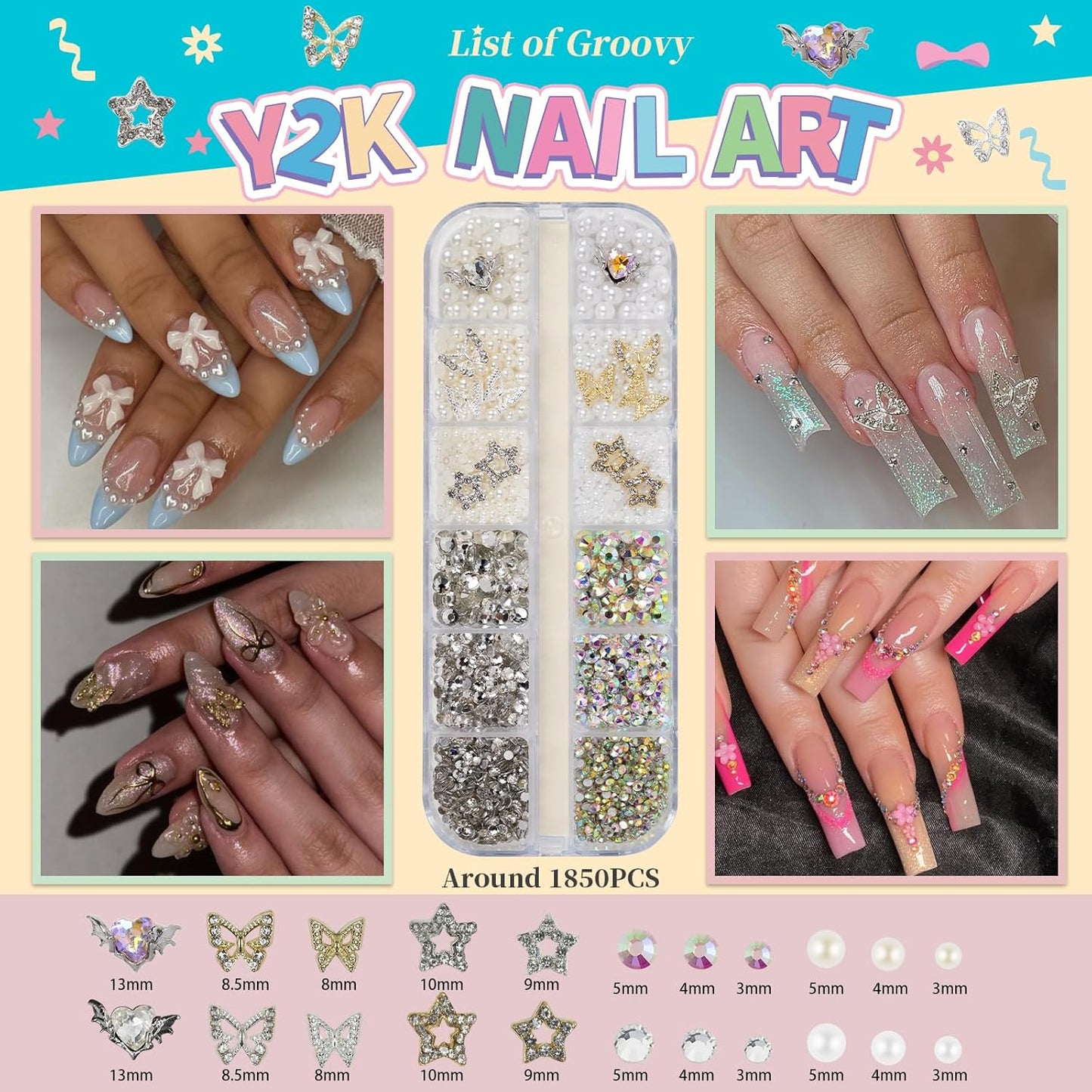 Nail Rhinestones , AB Crystal Nail Gems Flat Back Nail Rhinestones with Nail Pearls Star Heart Bows FLower Nail Charms and Rhinestone Picker Tools for Kwaii Y2K Nail Art Decor - 3 Boxes