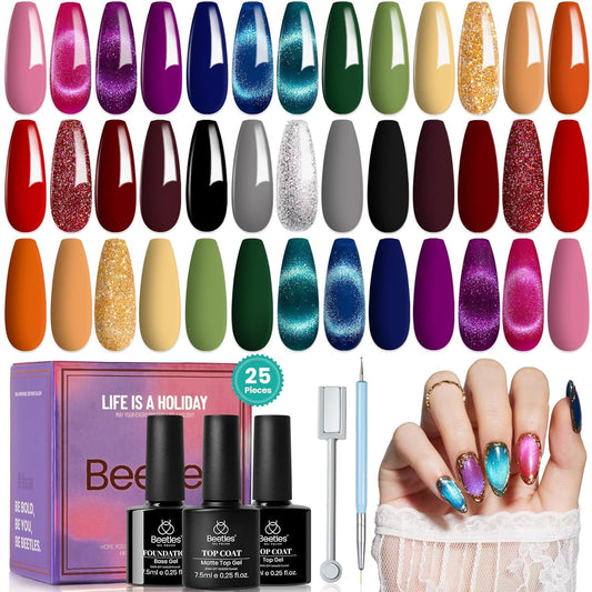 Beetles Halloween Gel Nail Polish 20 Fall Colors Cat Eye Gel Polish Set Burgundy Red Purple Orange Black with Magnet Pen Base Top Coat DIY Salon Manicured Soak Off UV Gifts for Women Gemstone Party