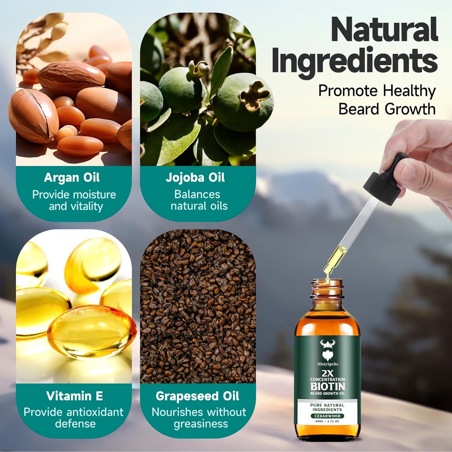 Beard Growth Oil - 2X Concentration Biotin Beard Oil for Men (2 oz) - Natural Mens Beard Oil with Argan Oil, Jojoba Oil and Vitamin, Beard Growth Softener, Moisturizer (Cedarwood)