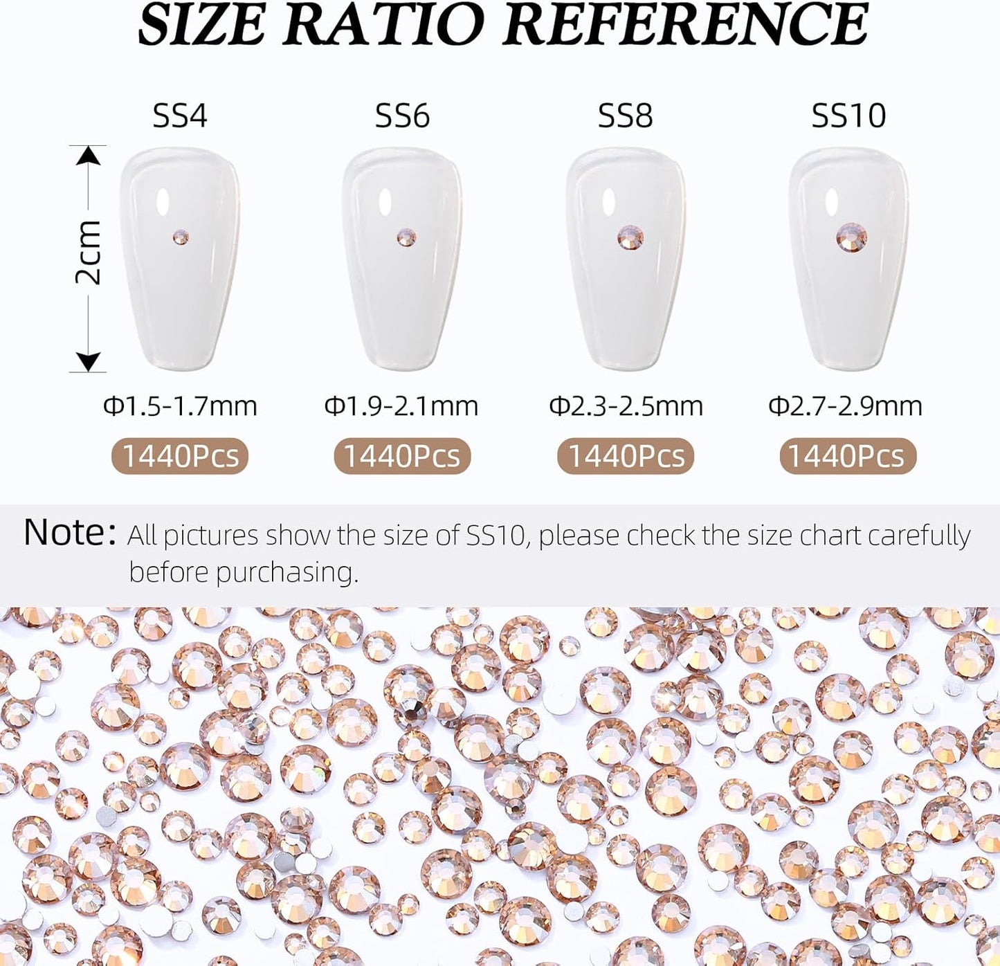 Gold Shadow Flatback Rhinestones, Glass Rhinestones for Nail Art and Craft, Glue Fix, Loose Crystal Gemstones(Gold Shadow, SS8, 1440pcs, 2.3-2.5mm)