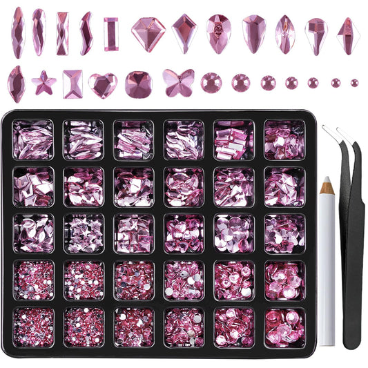 Canvalite 2900Pcs Pink Rhinestones for Nails, 18 Styles Multi Shape Nail Charms and Gems Shiny Glass Crystal Flatback Nail Rhinestones Set for Nail Art with Rhinestone Picker and Tweezers