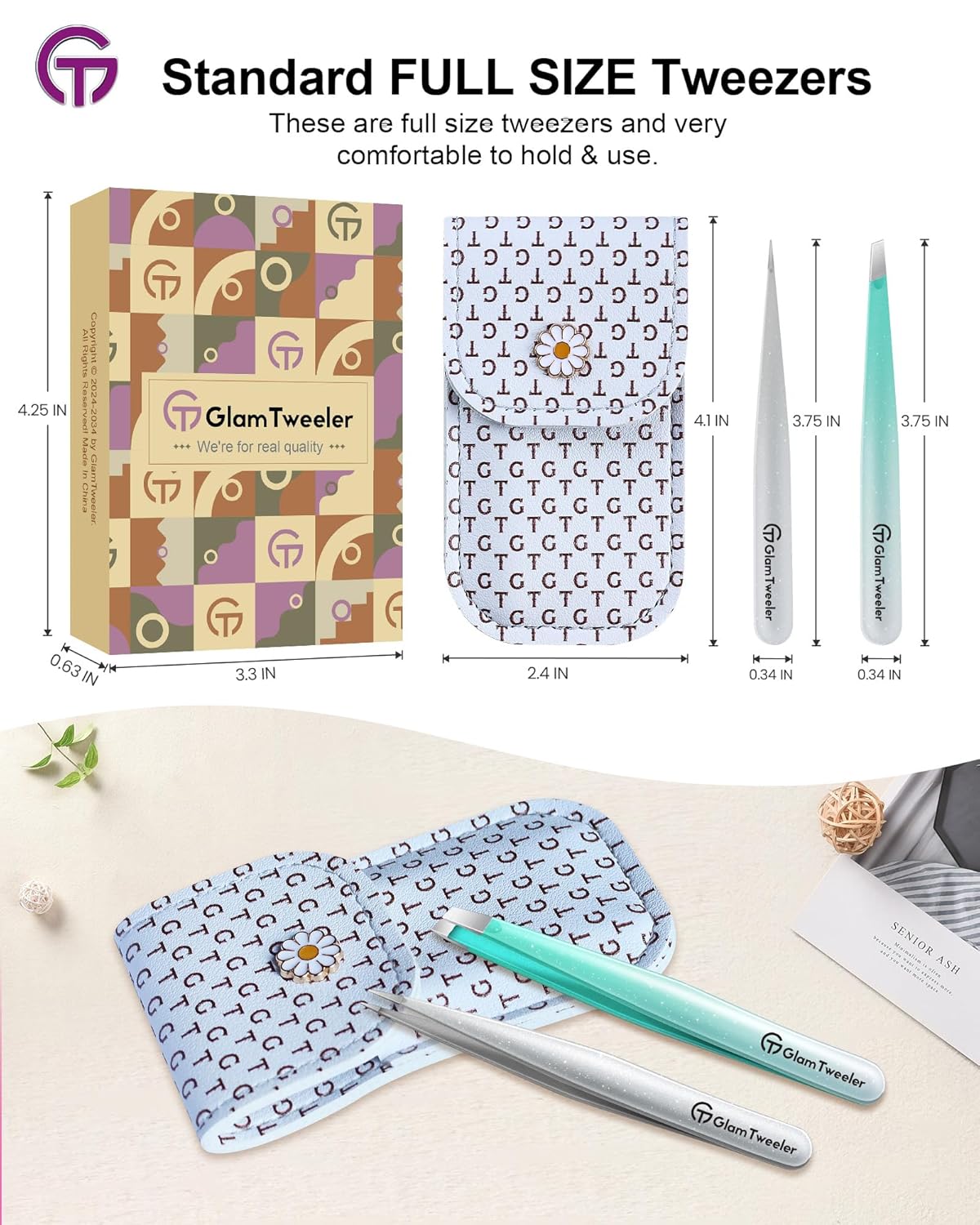 Expert Slant and Point Tip Tweezer Set with Exclusive Storage & Carrying Case, GlamTweeler Sharp & Precision Tweezer Set for Eyebrows, Facial Hairs & Fine Hairs Removal (Sparkle Mint Green + Silver)