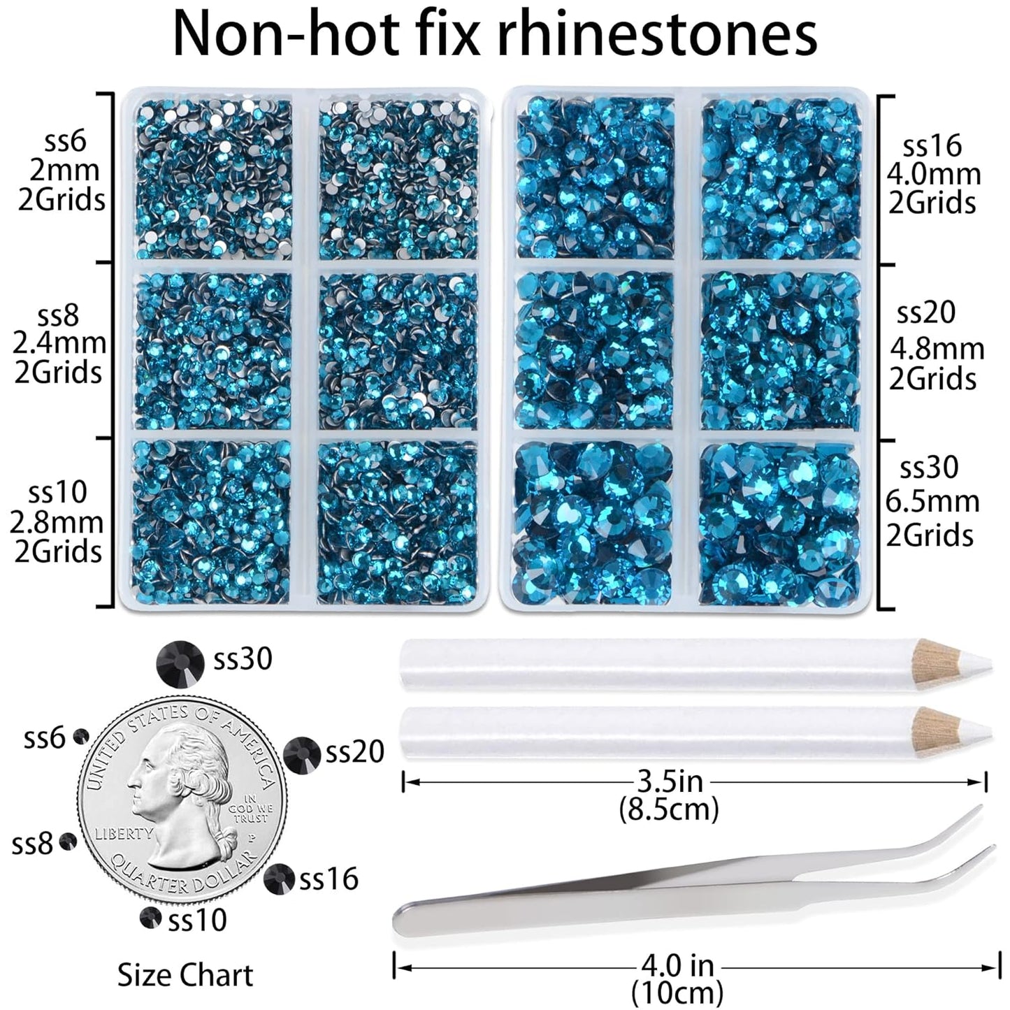 LPBeads 6000 Pieces Peacock Blue Zircon Non Hotfix Rhinestones 6 Sizes Round Crystal Glass Flat Back Rhinestones with Tweezers and Picking Pen for Nail Art Crafts Clothes Bags DIY