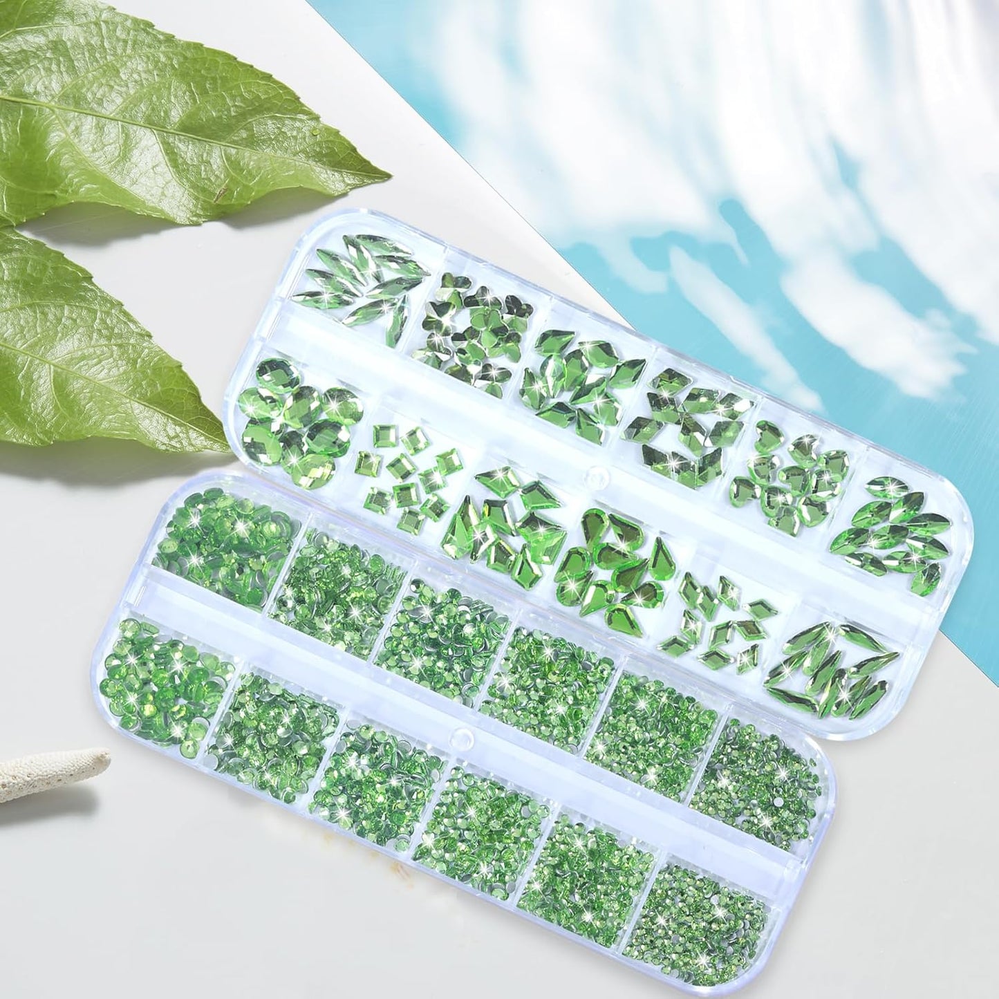 Nail Rhinestones - 3D Multi Shape Size, Flat Back, Manicure Rhinestones Charms, Crystal Light Green Gems, with Kit, for Nail Art, Bedazzling Acrylic Nails, DIY Decor