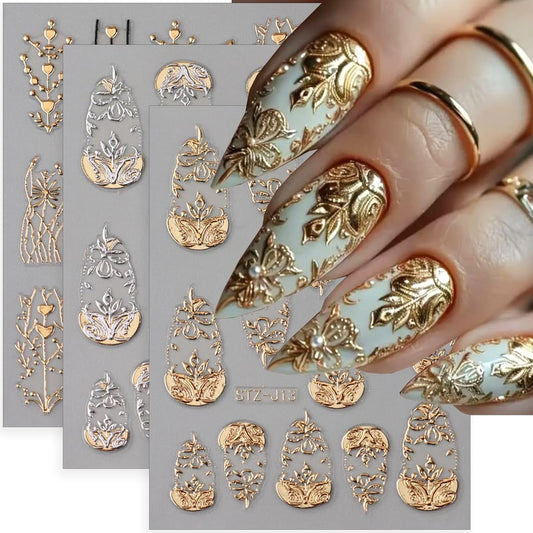 5D Embossed Flower Nail Art Stickers 3 Sheets Metallic Retro Totem Nail Decals Gold Silver Flowers Heart Tree Nail Stickers Luxury Nails Design Supplies French Tip Manicure Accessories for Women DIY