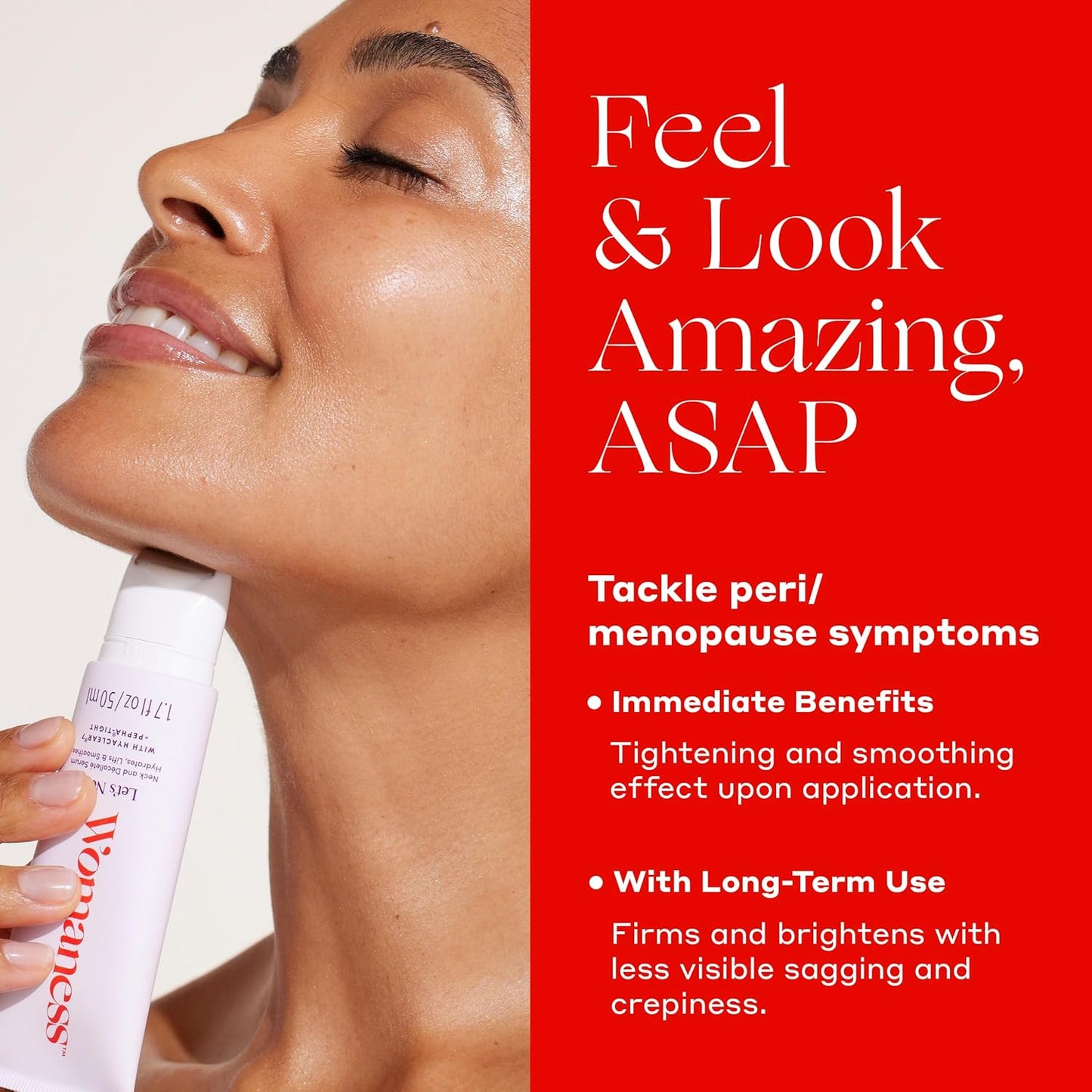 Womaness Let's Neck Firming Serum - Hydrates, Lifts, and Smoothes with Cooling & Massaging Roller Applicator - Cream for Women to Smooth Wrinkles & Tightening Sagging Skin - 50ml Roller