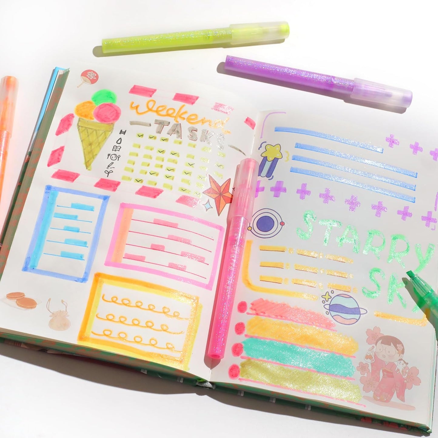 Glitter Highlighters, 16-Count, Chisel Tip Glitter Highlighters Assorted Colors, Sparkly Pastel Highlighter Markers for Adults Journaling Coloring Drawing Doodling