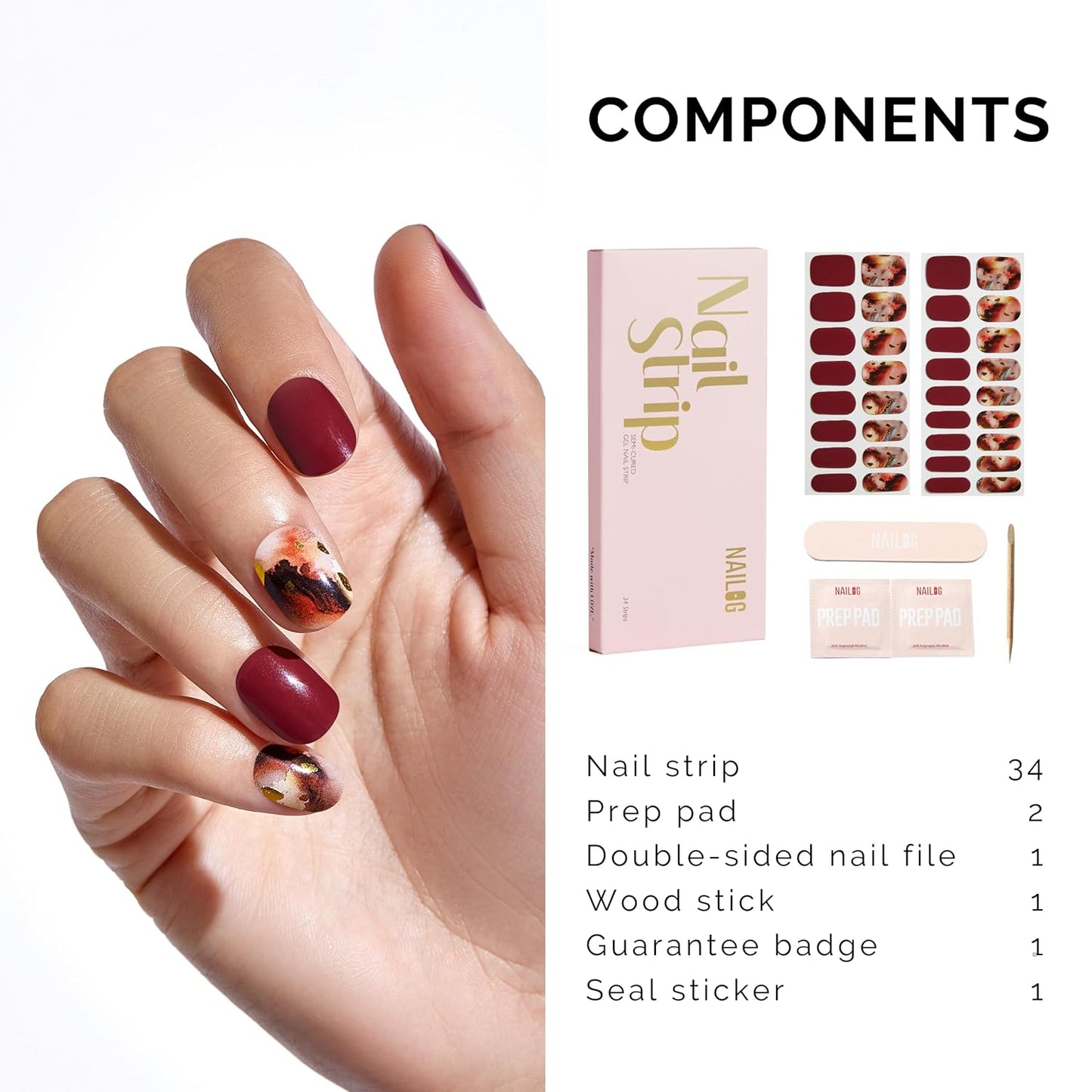 Semi Cured Gel Nail Strips - NAILOG 34 Pcs Gel Nail Stickers | Buy 2 Get 1 UV Light | Extra Long Nail Wraps with Glossy Gel Finishing Dark Brown, Secret Realm