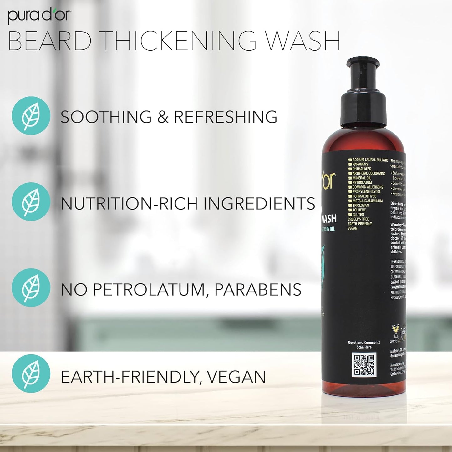 PURA D'OR 8 Oz Thickening Beard Wash - Biotin & Castor Oil Formula with Rosemary - Helps Enhance Moisture, Thickness & Shine, Helps Reduces Dryness & Breakage - For Men
