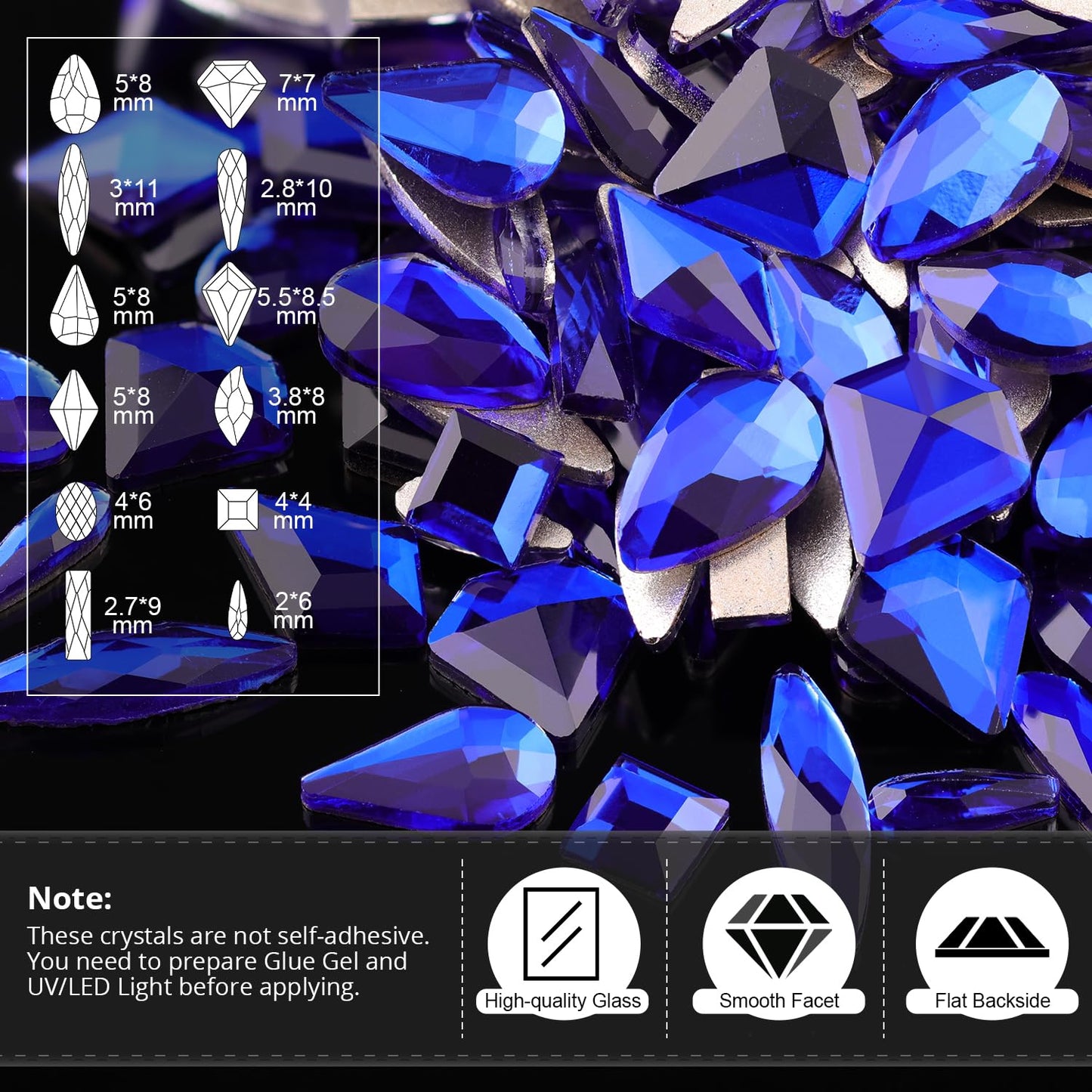 Rhinestones for Nails, Manicure Kit with Rhinestone Glue Gel, Multi Shapes Dark Blue Glass 3D Nail Charms + Flatback 2-5mm Round Beads & Gem Glue (UV/LED Needed) with Dotting Tools