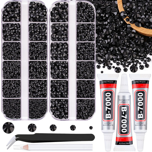 Resin Jelly Rhinestones for Crafting with B7000 Jewelry Glue, 2 Boxes Black Flatback Crystals with 3Pcs 10ml Glue, Bedazzling Non Hotfix Gems for DIY Tumblers Clothing Shoes Manicure