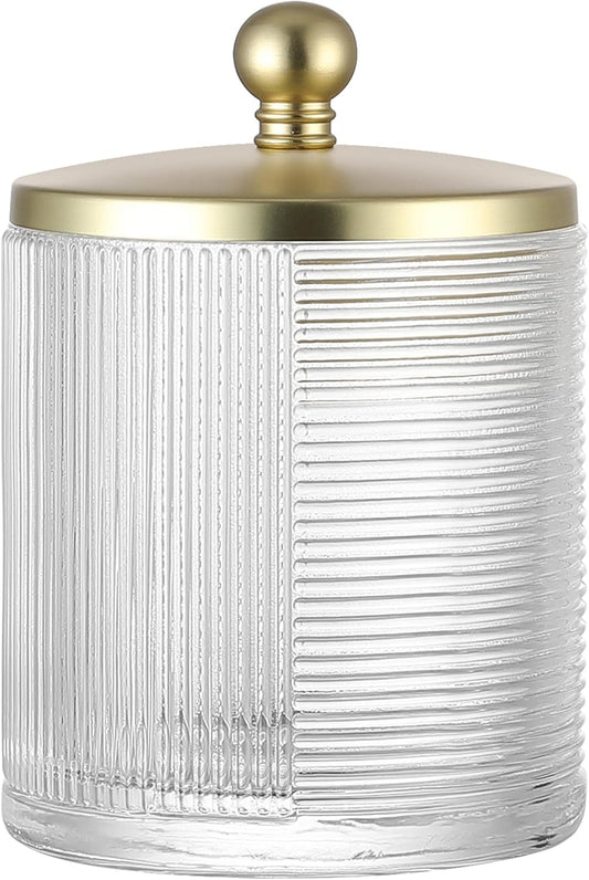 Glass Cotton Jar Holder Matte Gold Lid, Elegant Bathroom Storage Canister for Qtips, Cotton Balls, Floss, Makeup Organizer, Vanity Bathroom Organization