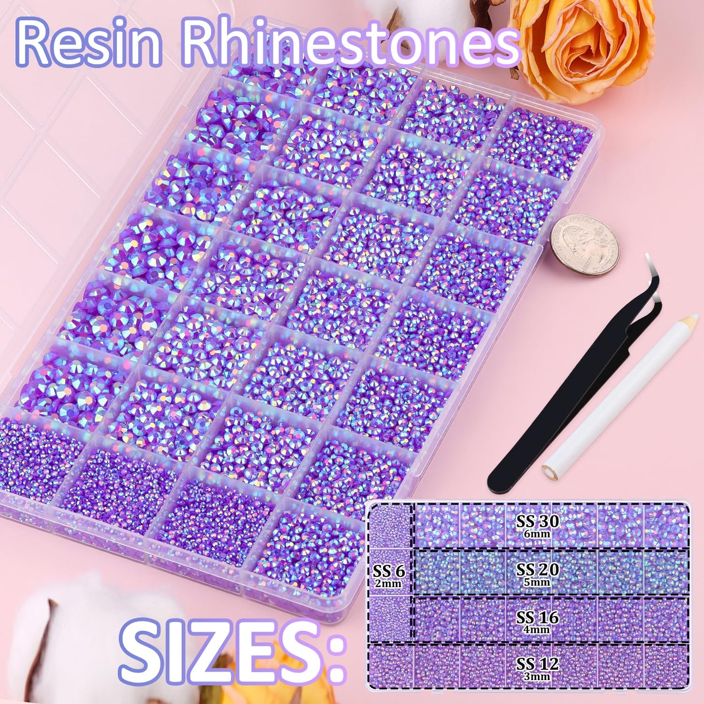 30000Pcs Resin Rhinestones for Bedazzling with Tweezers, Dark Purple AB Rhinestones for Crafting with B7000 Jewelry Glue for DIY Crafts Clothing Tumblers Shoes Fabric Nail Art