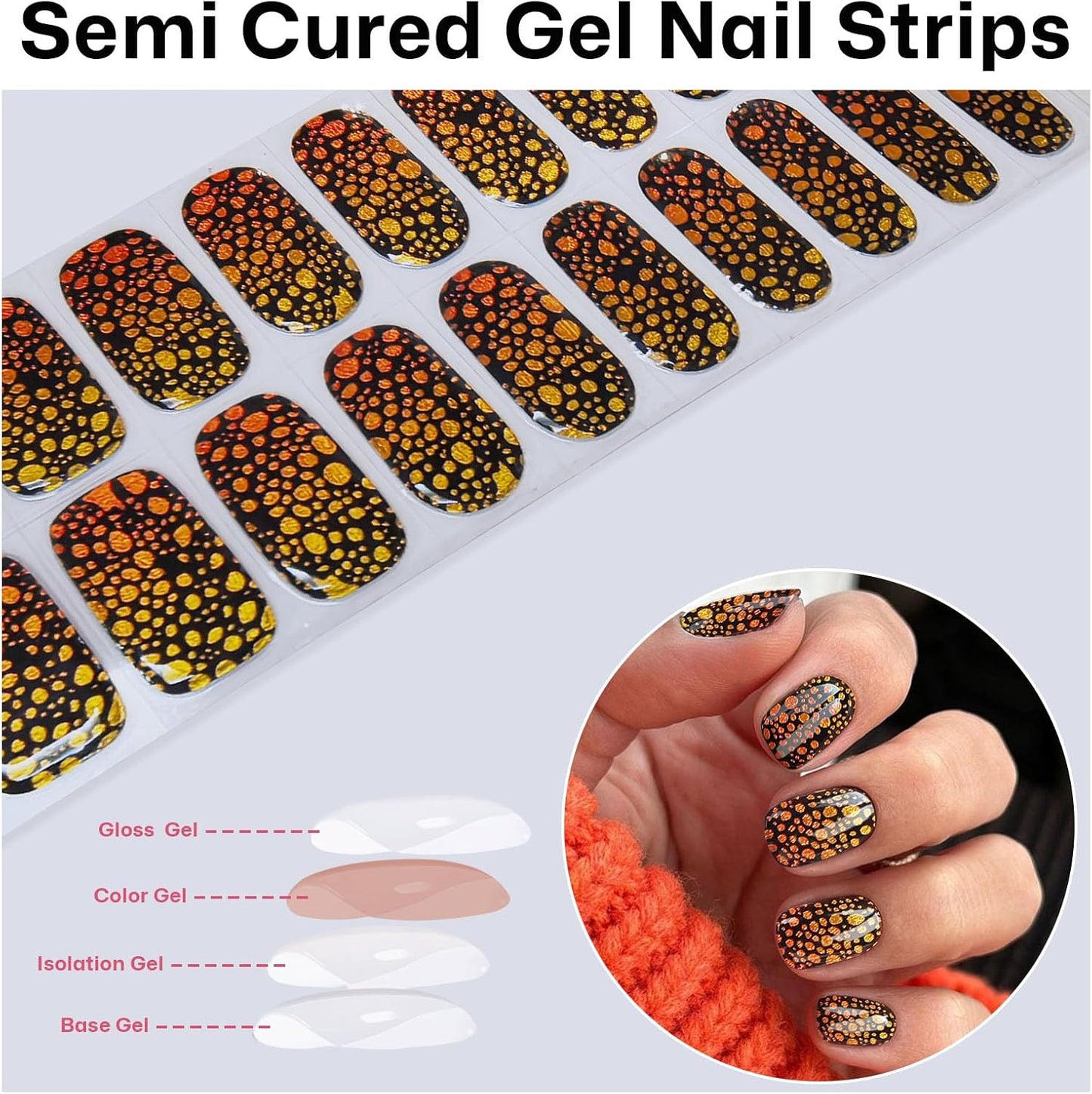 Semi Cured Gel Nail Strips with Gold and Black Designs Fall Gel nail stickers Sparkly Glossy Nail strips Salon Quality & Easy to Use 20 Pcs for Women