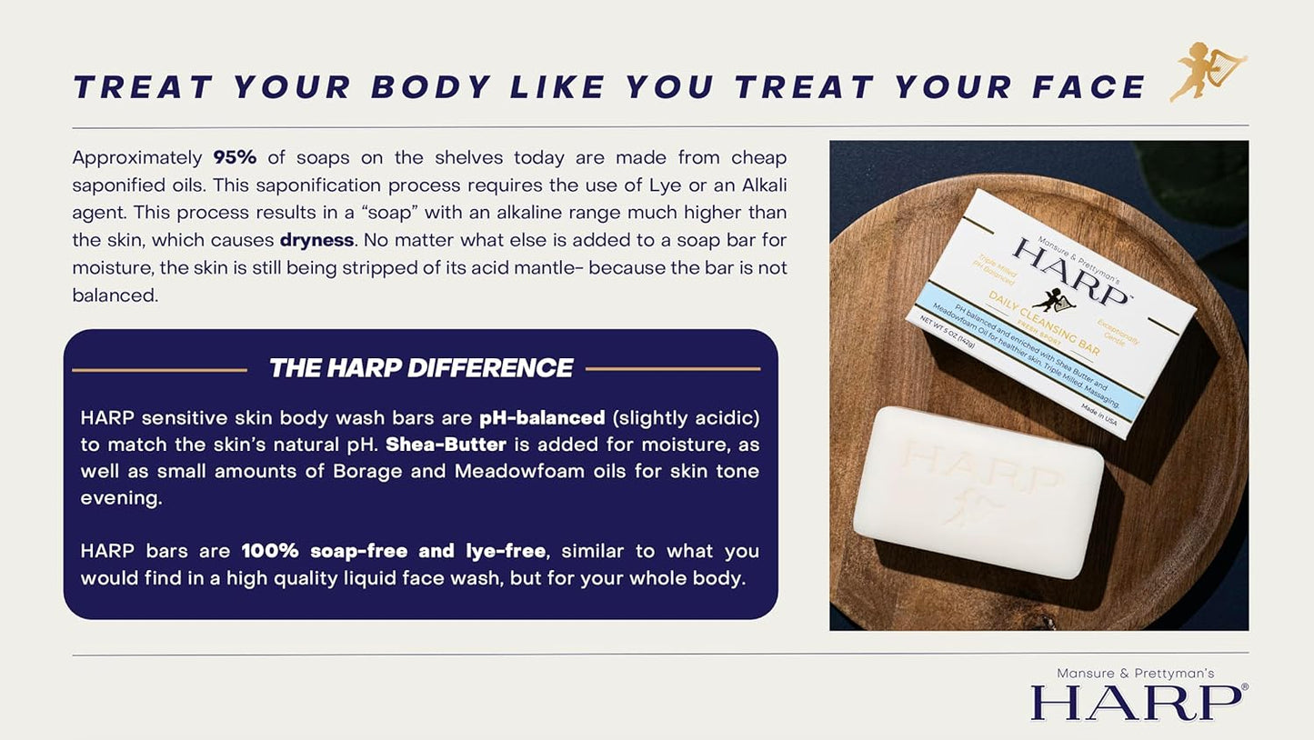 HARP pH-Balanced (5.0-6.0) Exfoliating Body Wash Bar - FRAGRANCE FREE. Bamboo Powder Exfoliation -the perfect consistency. Soap/Lye/Preservative/Dye/Masking agent-Free. Non-comedogenic.