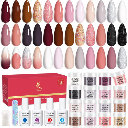 Lavender Violets 22 Pcs Dip Powder Nail Kit Starter - 16 Colors Nude Pinkish Brown Skin Tone with Base Top Coat, Activator, Brush Saver, Nail Buffer and Powder Brush M960B