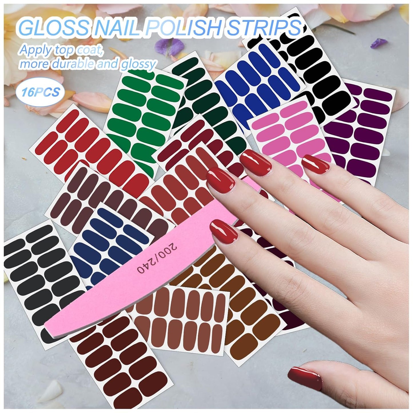 SILPECWEE Gel Nail Stickers (16 Sheets, Dark Solid Color), Full Nail Wraps for Women Self Adhesive Nail Polish Strips Gel Strips Fingernail Stickers Manicure Decoration with File