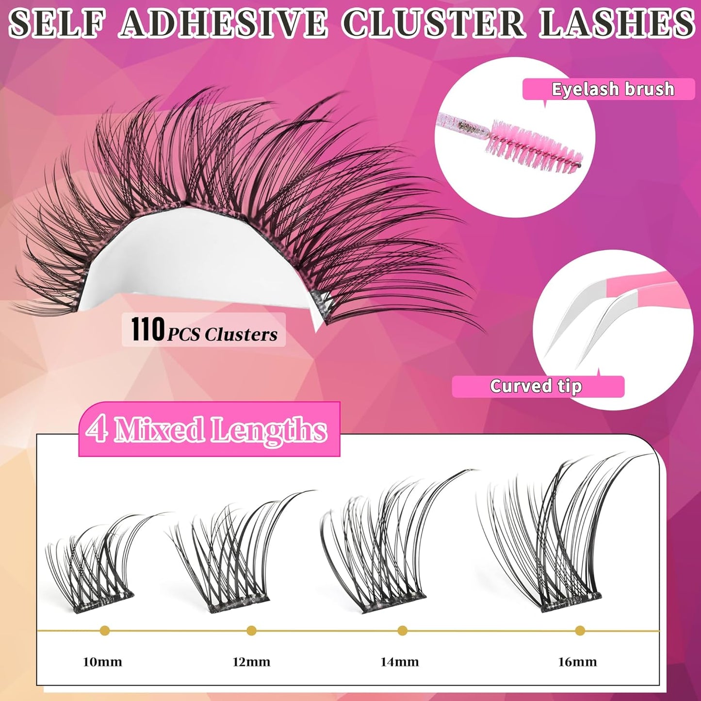 Self Adhesive Eyelashes Clusters Kit Lash Clusters DIY Eyelashes Pre Glued Lashes Extensions No Glue Needed lash Clusters D Curl Individual Lashes(A02,10-16mm,110Pcs)