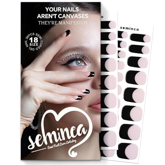 Semi Cured Gel Nail Strips-Quick DIY nail art stickers Black French Tip for vacations business trips easy apply at home DIY manicure kit 60s UV/LED lamp needed(Black French)