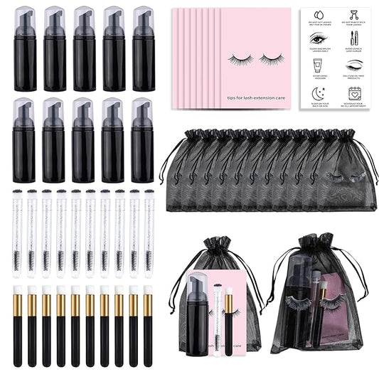 50PCS Lash Shampoo Bottles Brushes Set, Empty Lash Shampoo Bottle, Lash Cleaning Brush, Eyelash Extension Tube Brush, Instructions Cards, Aftercare Bags for Lash Business Clients (50pcs in black)