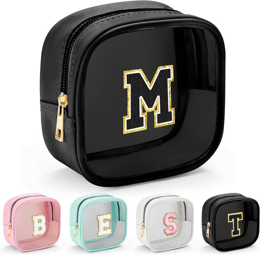 YOOLIFE Initial Makeup Bag Travel Toiletry Bag, Clear Makeup Bag Car Accessories For Women Clear Makeup Bags With Zipper Girlfriend Teacher 13 Year Old Girl Gifts Daughter Girl Gifts Mini Black M