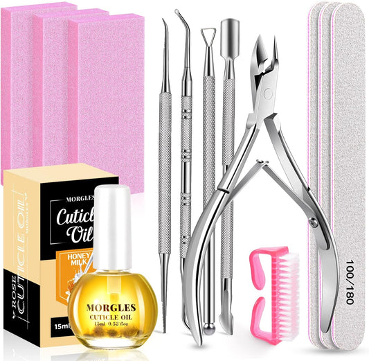 MORGLES Nail File and Buffer Blocks with Nail Care Kit, 13 Pcs Manicure Kit for Women with Milk and Honey Cuticle Oil and Cuticle Trimmer Set