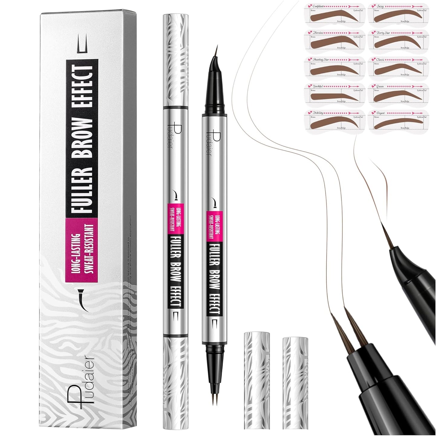 2 Pack 2 Fine Tip Eyebrow Pen, Waterproof Filling Faux Brow Makeup Pencils for Women with Precise Curved Brush-Tip to Fast Create Natural Hair-Like Brows, Last All-Day (Natural Brown)